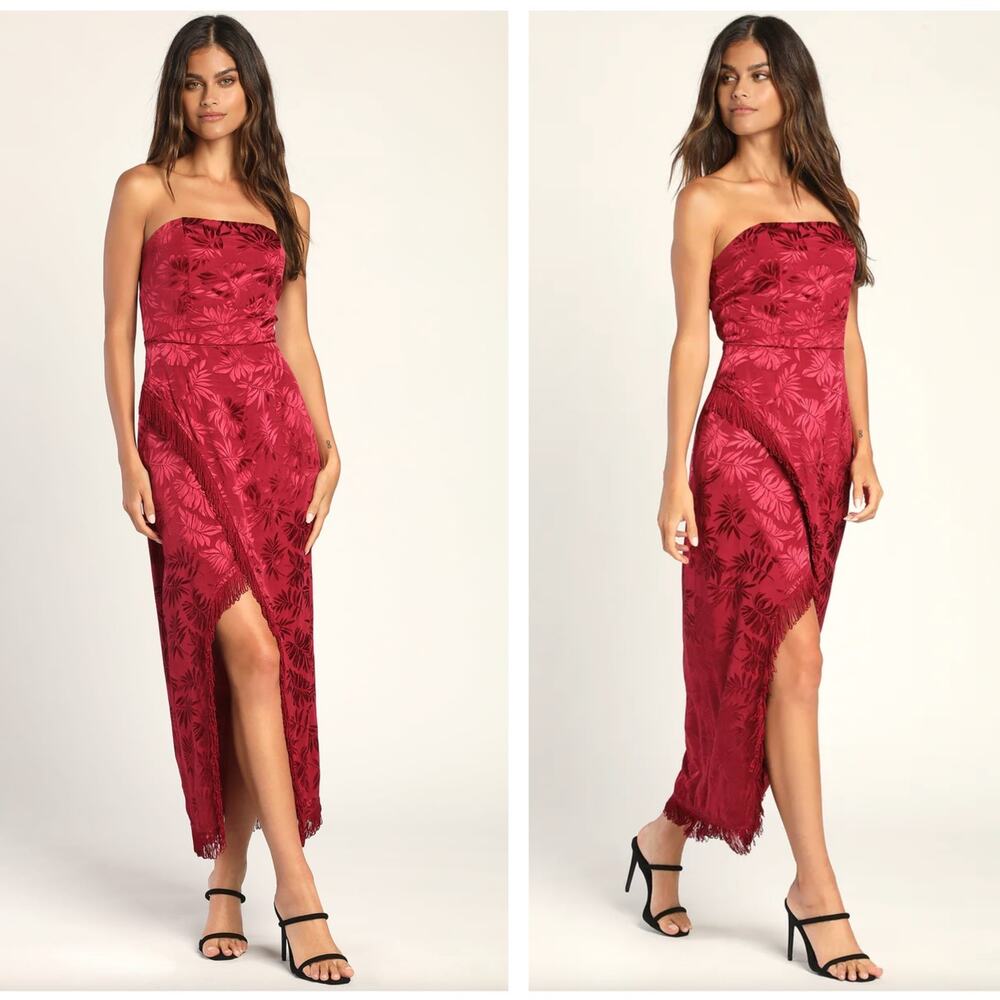 LULUS Ignite My Love Burgundy Embossed Strapless Fringe Midi Dress Sz L NWT BB17